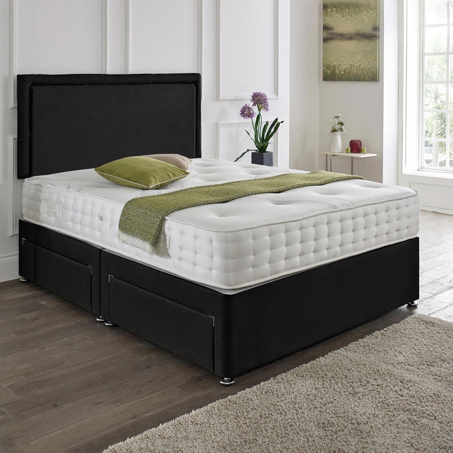 Divan Set Upholstered in Plush Material Matching Headboard & Choice of Mattress