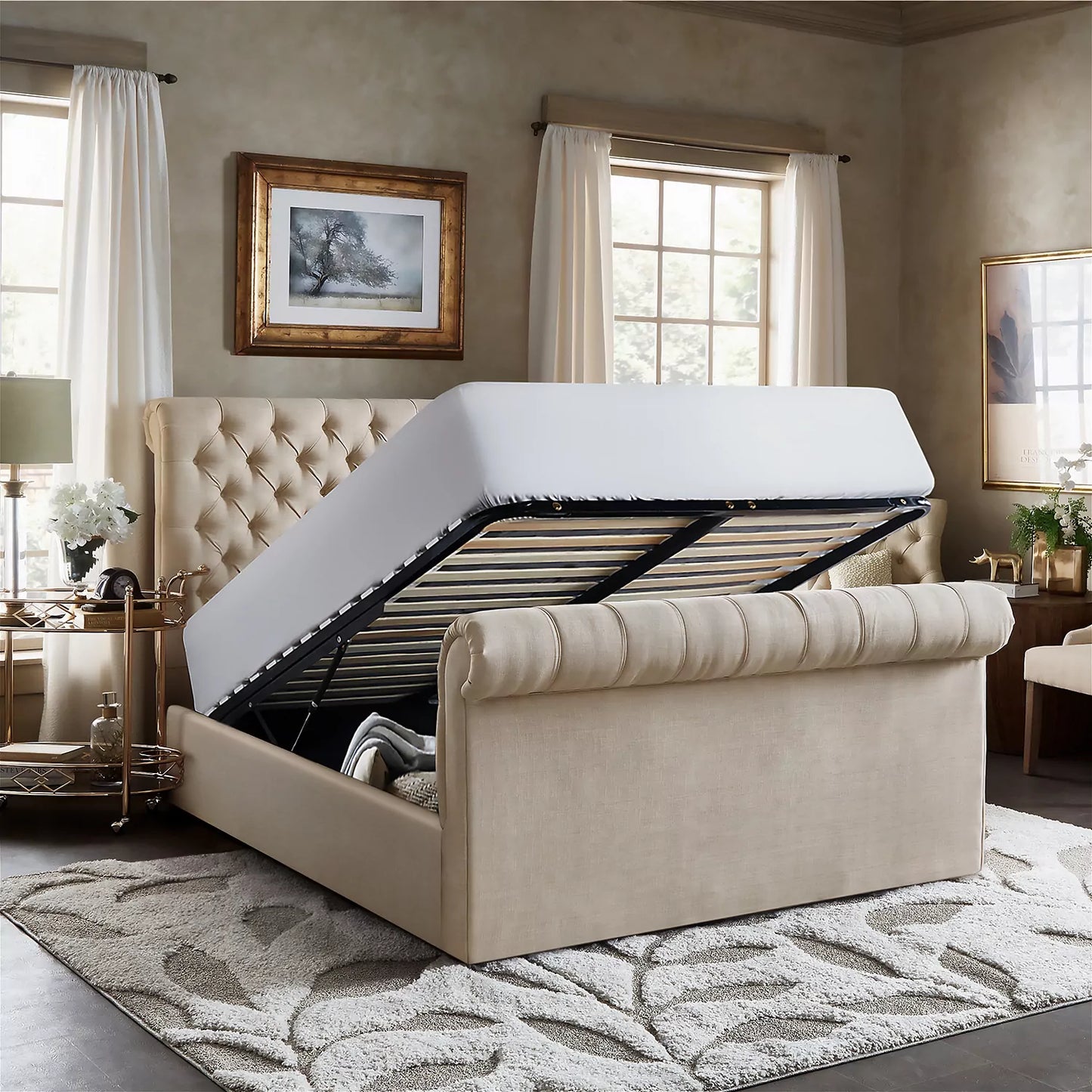 Belford Chesterfield Ottoman Sleigh Bed Frame with mattress