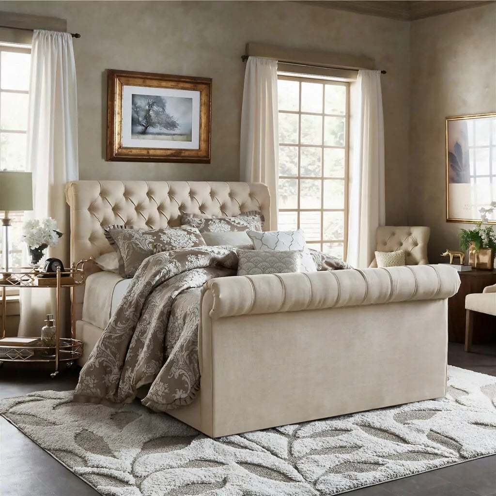 Belford Chesterfield Ottoman Sleigh Bed Frame with mattress