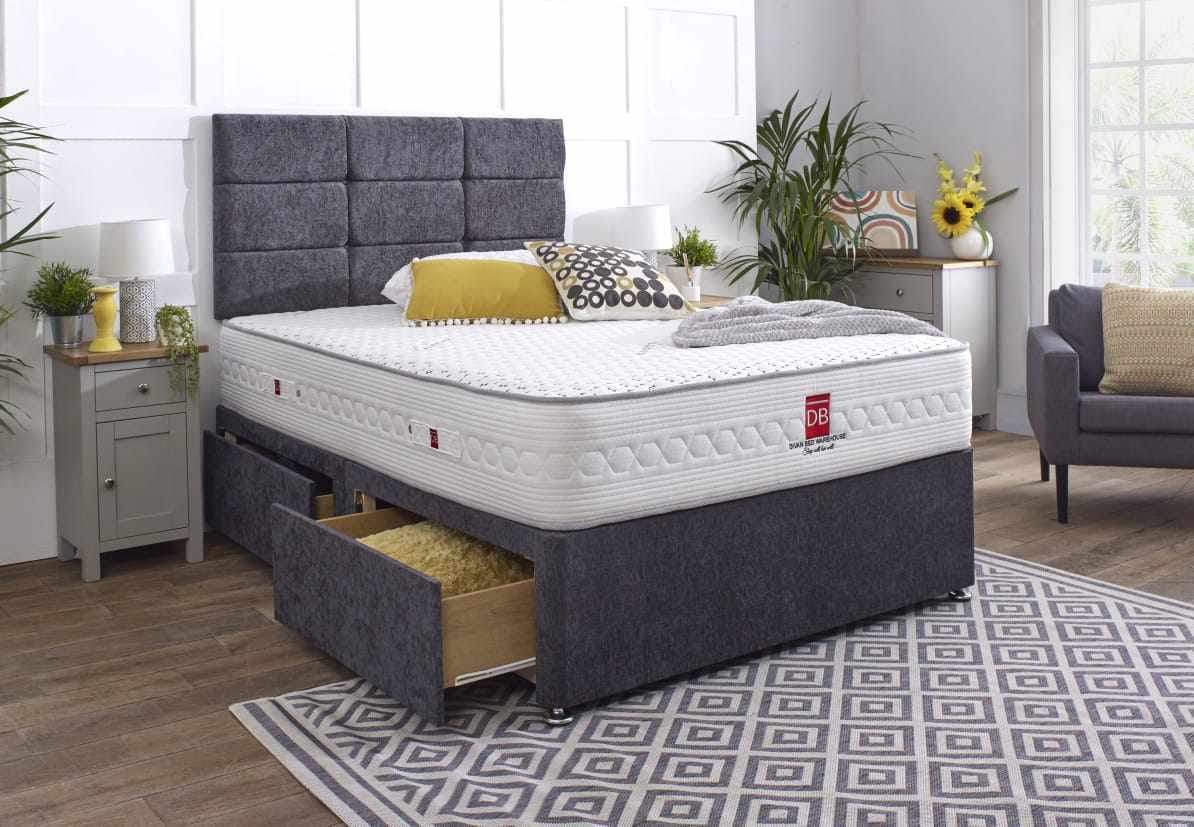 Cubic headboard Divan Bed with optional mattress and Drawer storage