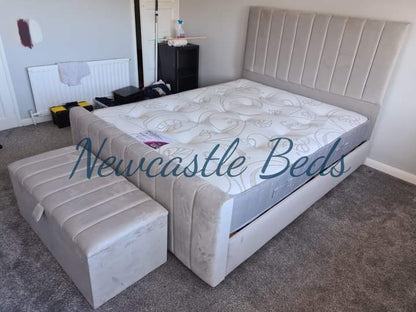 Panel line headboard with slatted base and optional storage