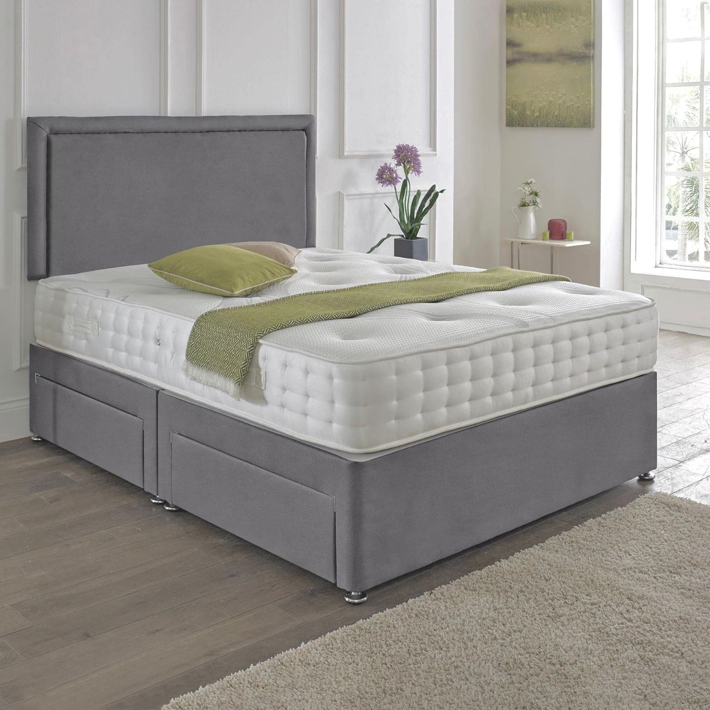 Divan Set Upholstered in Plush Material Matching Headboard & Choice of Mattress