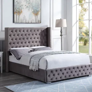 Upholstered Double Ottoman Bed Frame With Tall Winged Headboard